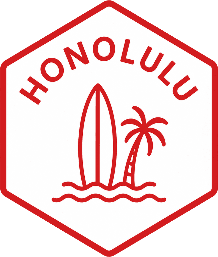 Honolulu travel stamp with surfboard and palm tree