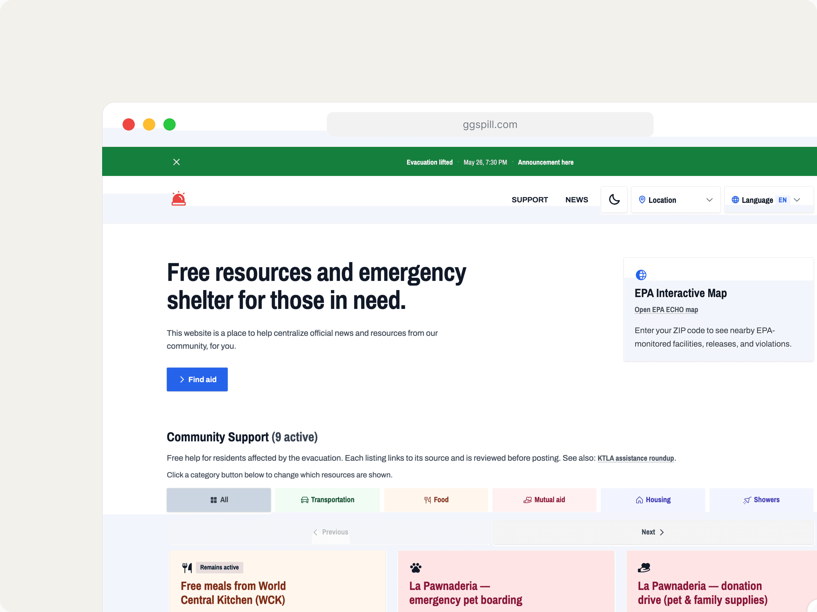 GG Spill community crisis site in a browser frame