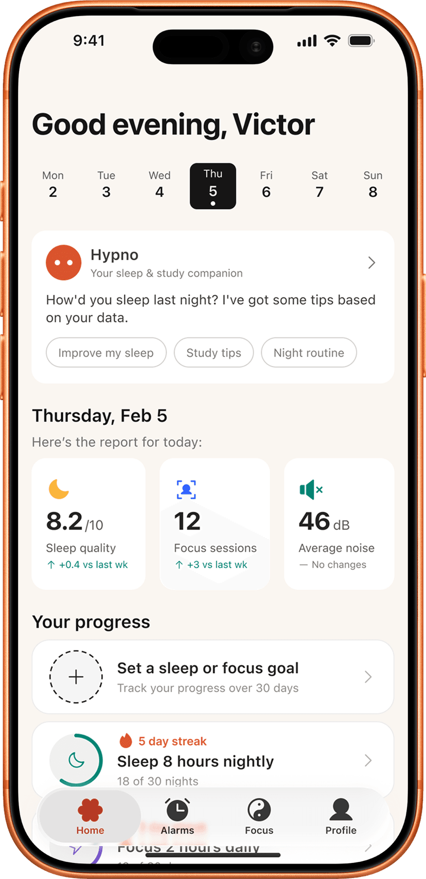 Home dashboard with sleep stats, streaks, and Hypno