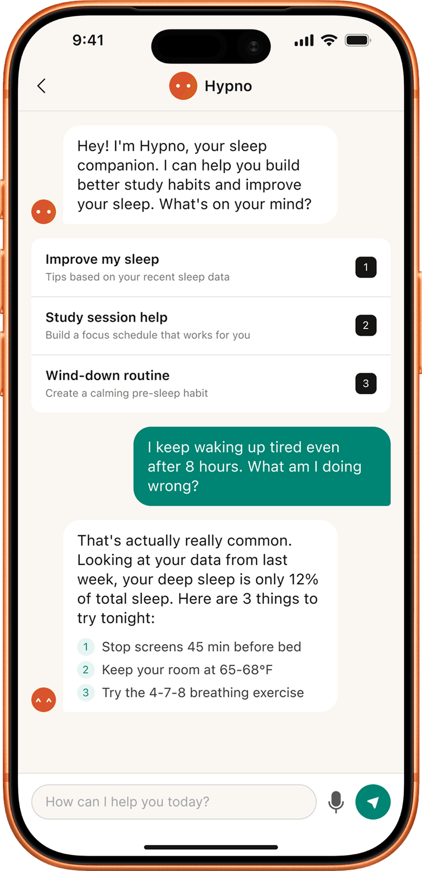 AI chat interface with Hypno providing personalized sleep advice