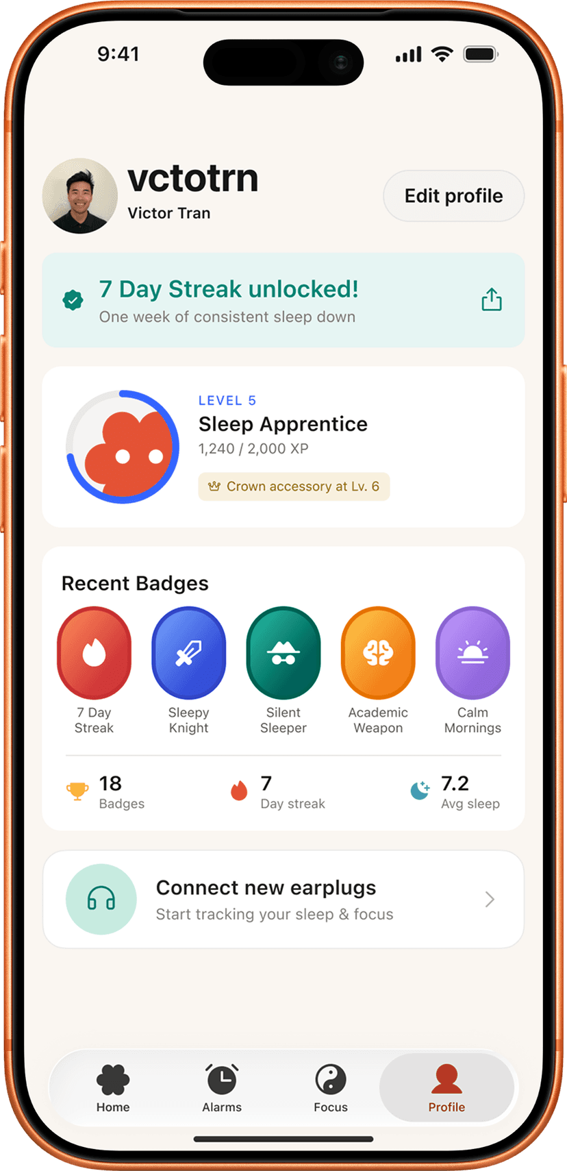 Profile with badges, XP level, and lifetime stats