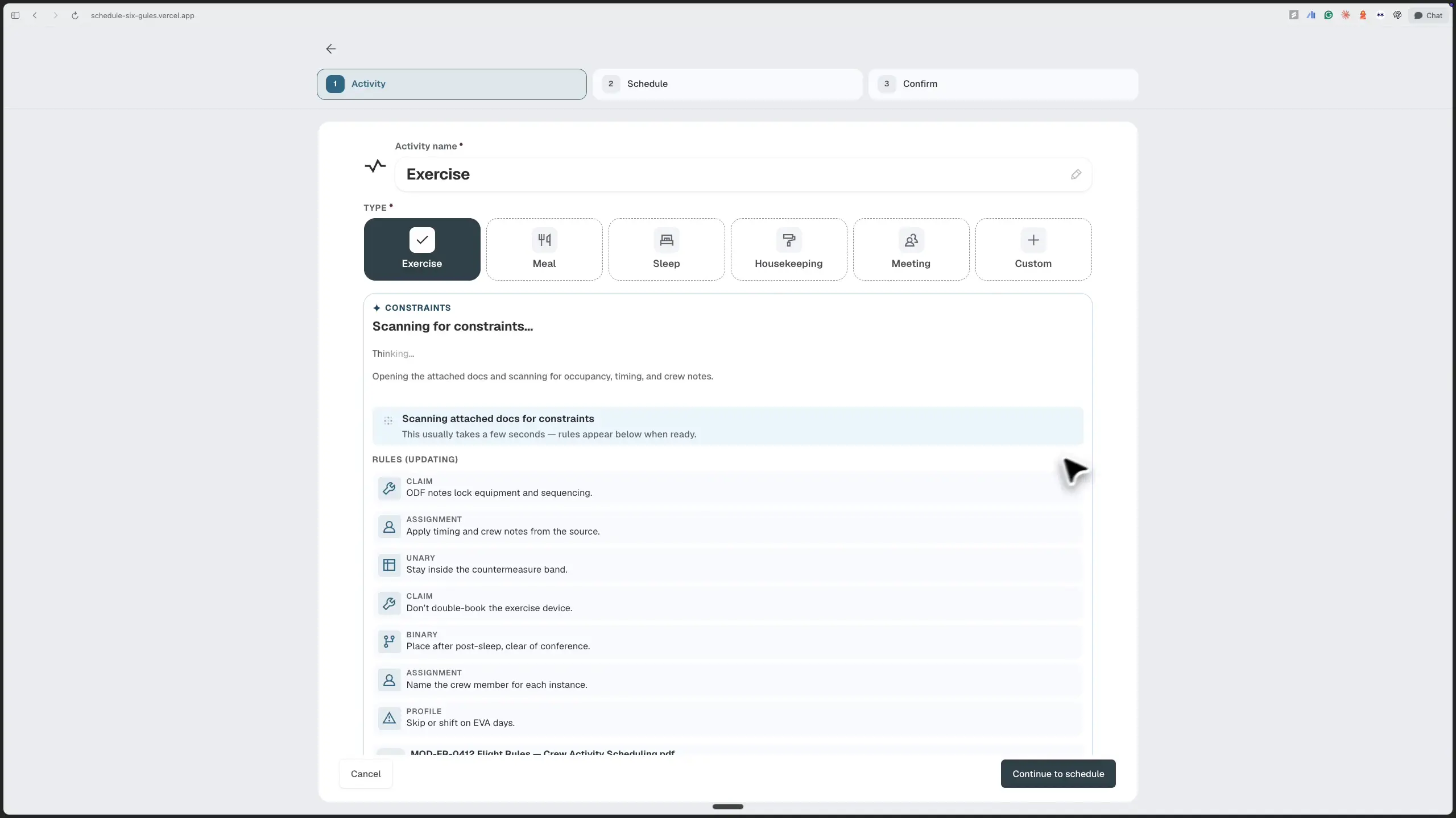 Exercise scheduling workflow