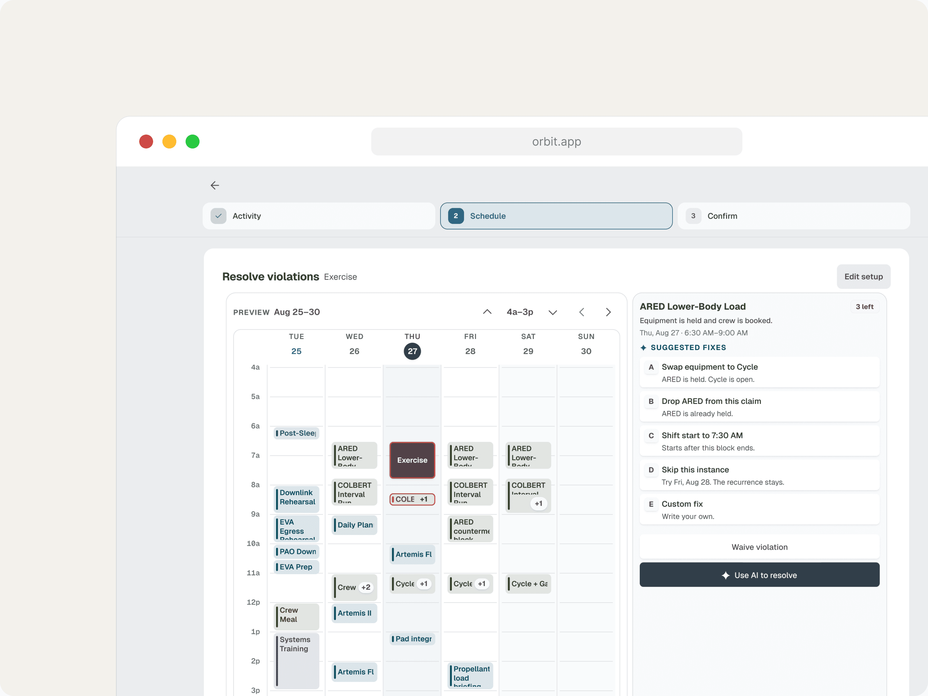 Orbit resolve-violations screen in a browser window