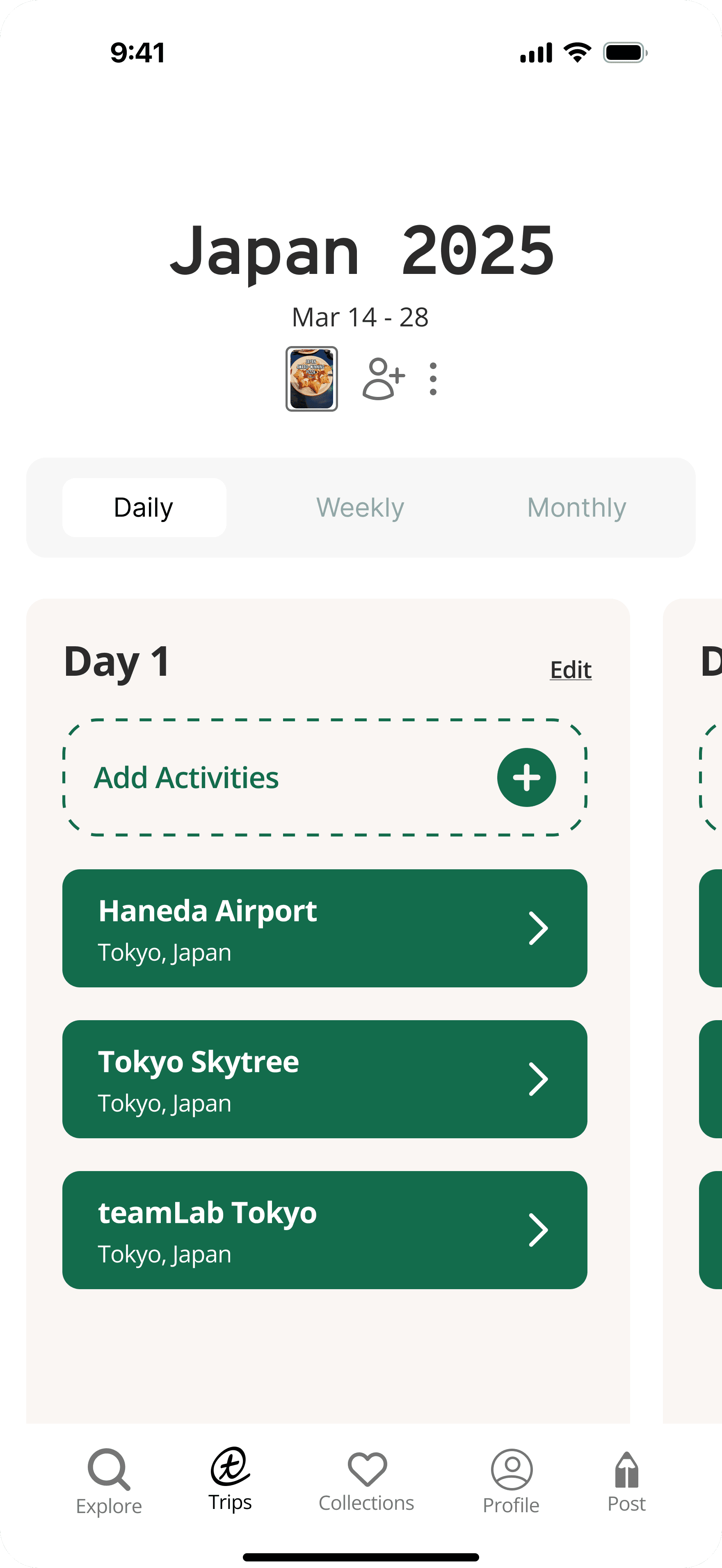 Redesigned trip home page with visual daily view
