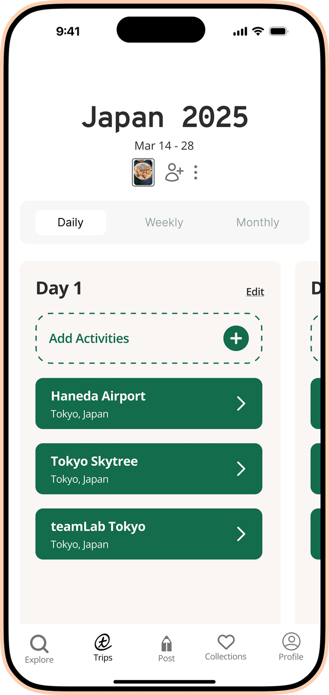 Trailmix app interface showing unified travel planning