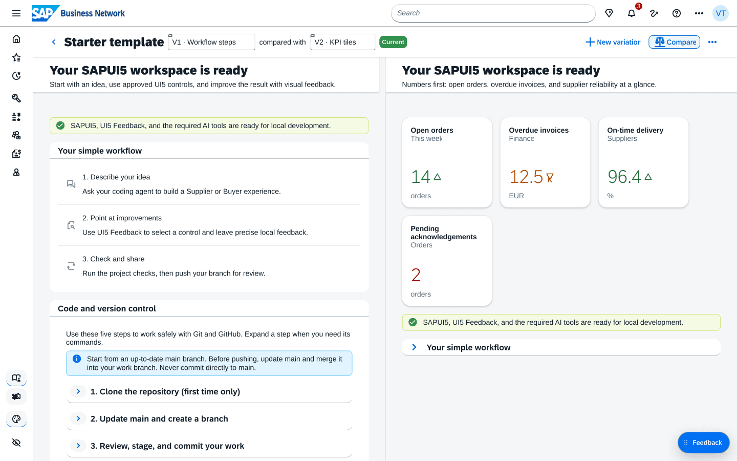 Compare mode showing the workflow-steps variation beside a KPI-tiles variation
