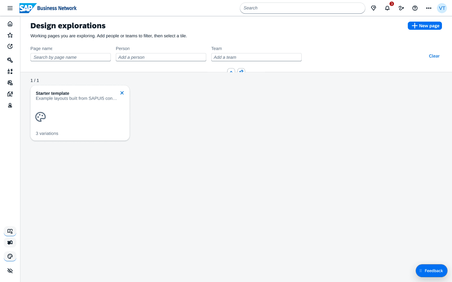 Design explorations page with page, person, and team filters above a Starter template tile with three variations