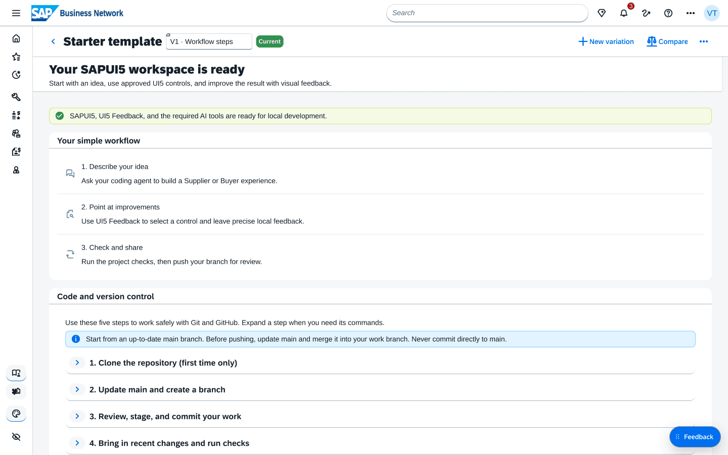 Starter template page with a workbench bar showing V1 Workflow steps, a Current status, New variation, and Compare