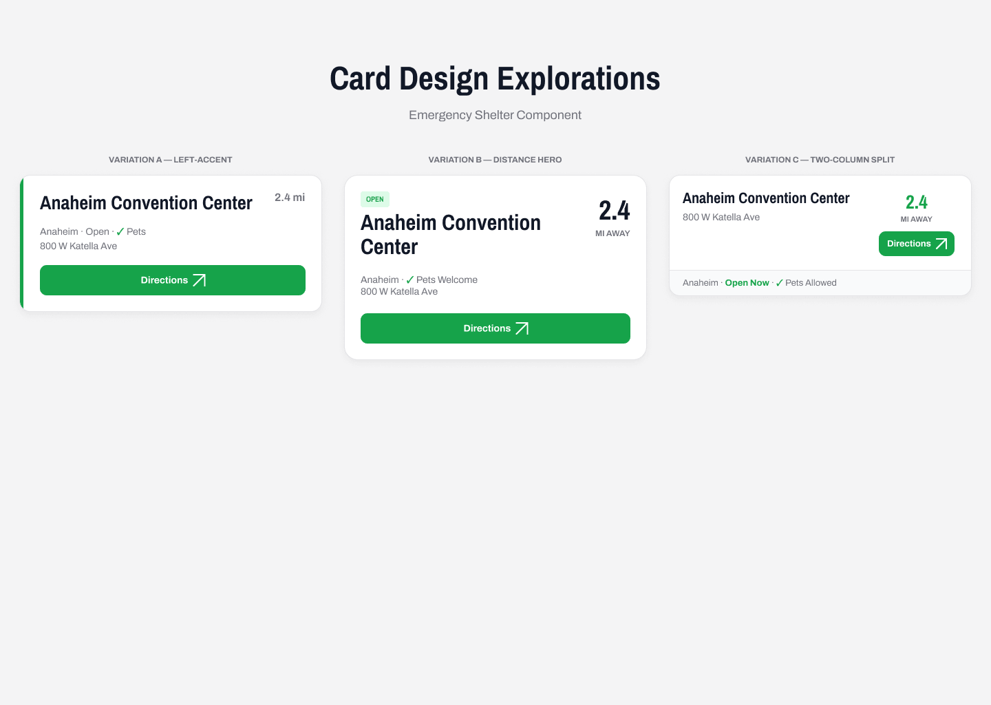Three shelter card explorations: a left-accent card, a distance-hero card, and a two-column split