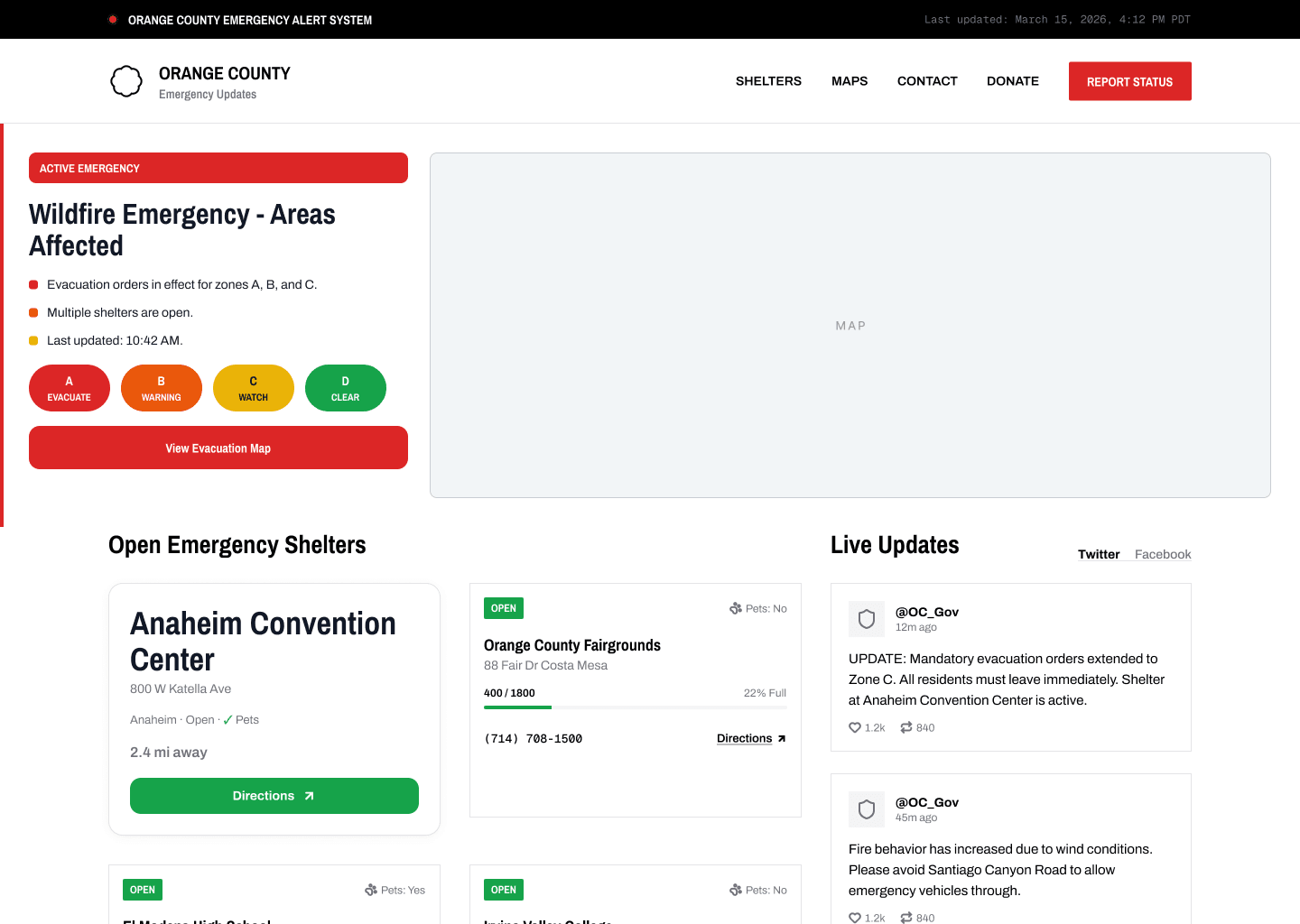 Earlier emergency-alert concept explored with Figma's agent: a wildfire status page with zones, shelters, live updates, and official resources