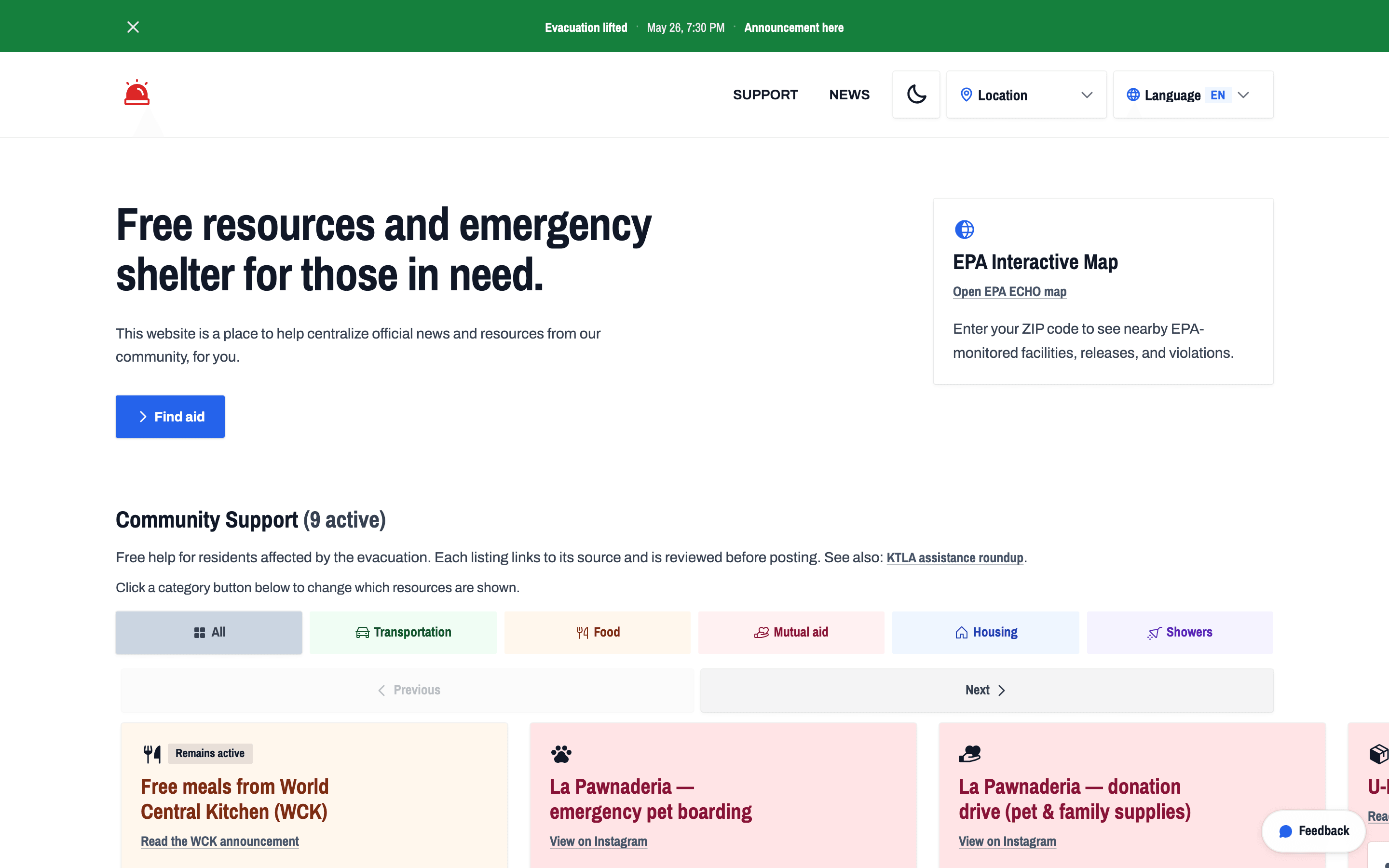 ggspill.com on desktop after the evacuation was lifted: the green status bar, the hero, and the community support cards