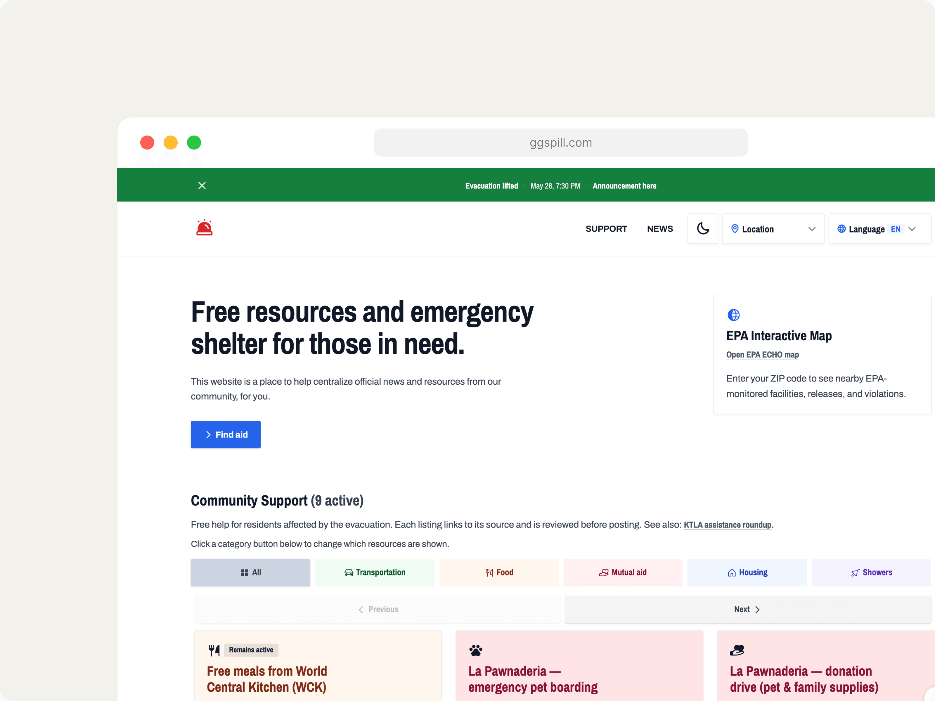 GG Spill community crisis site in a browser frame