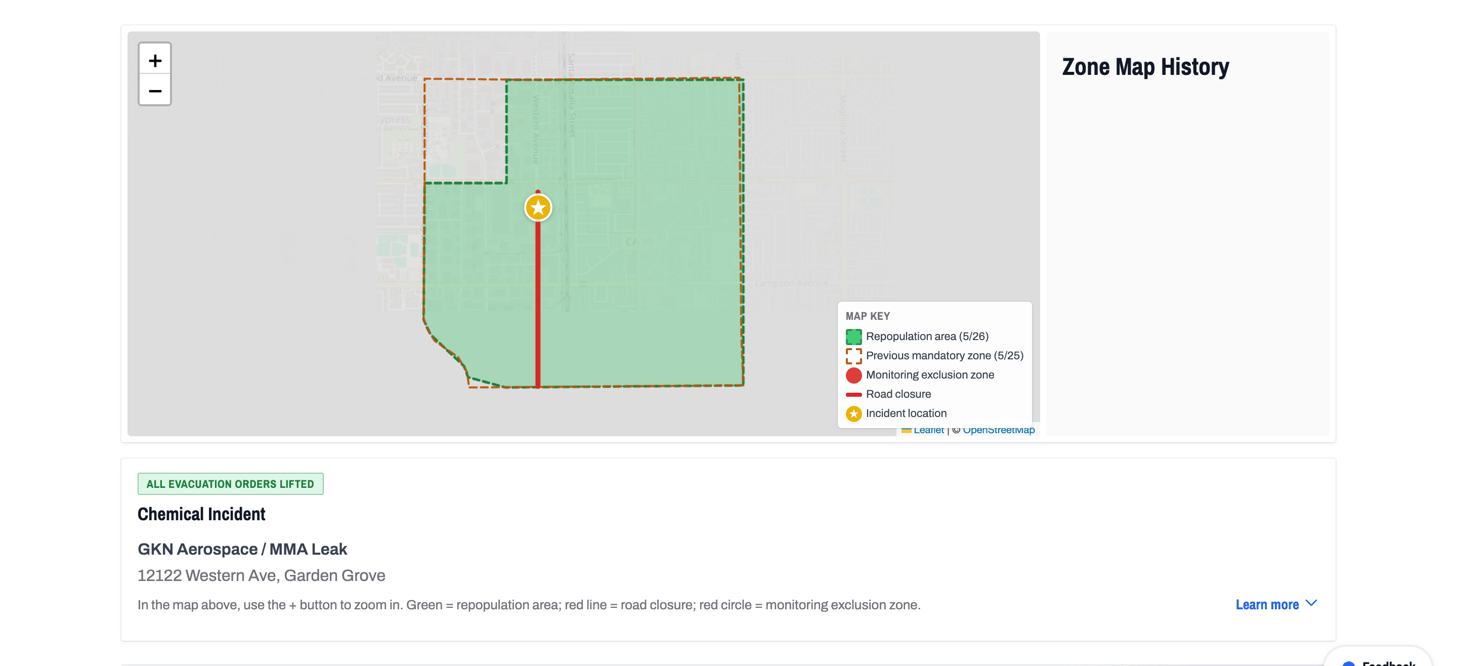 The evacuation map on ggspill.com showing the repopulation area, the previous mandatory zone, the Western Avenue road closure, and the incident site