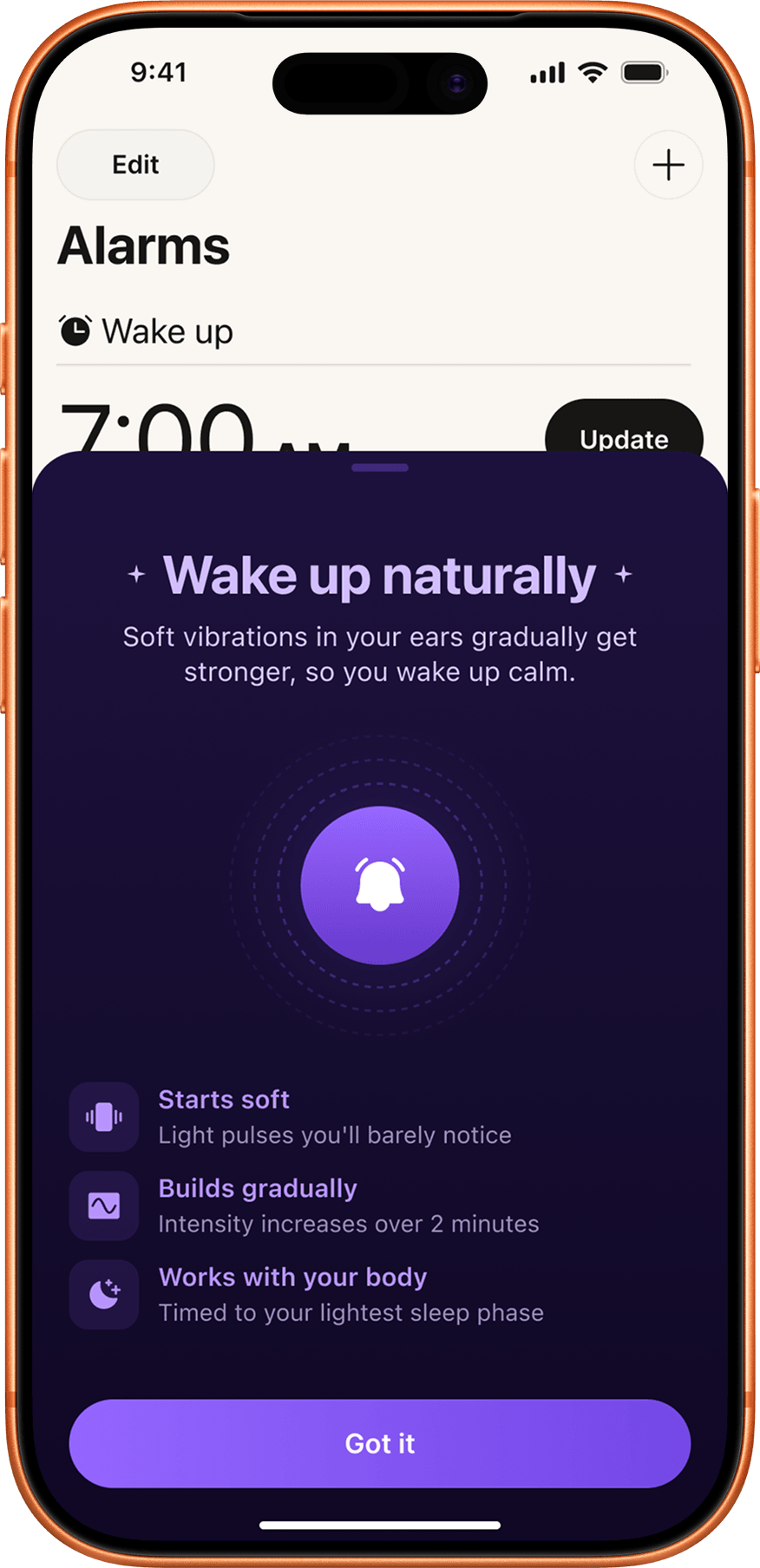 Concept alarm screen for haptic wake-up through the earplug