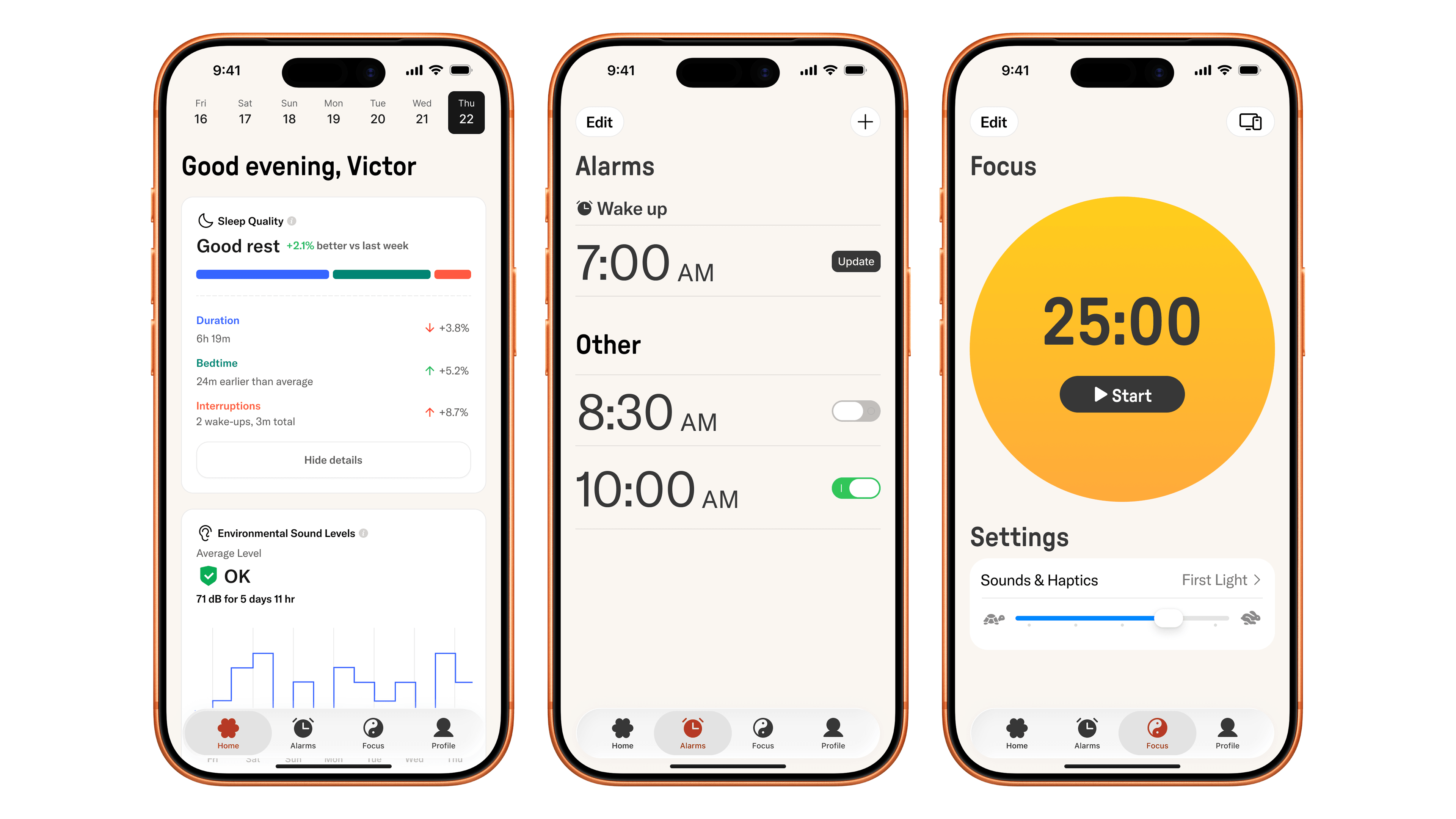 Three early design iterations: Home dashboard with sleep quality charts, Alarms screen, and Focus timer