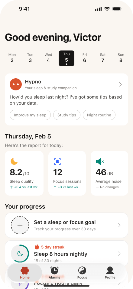 Redesigned home screen with Hypno chat, three daily metric tiles, and a progress band