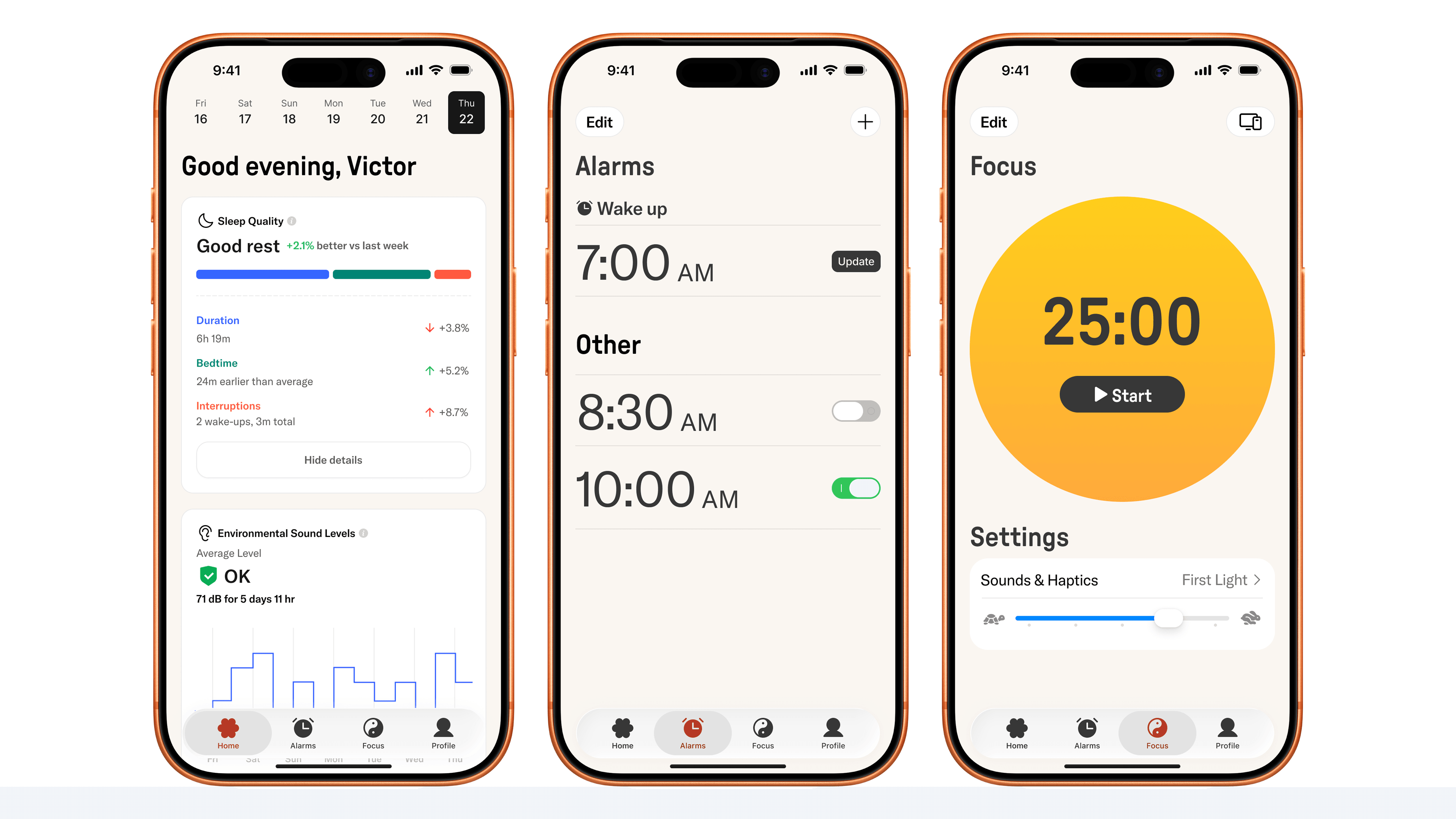 Key Hypnos screens built from the design system: dashboard, chat, focus, and profile