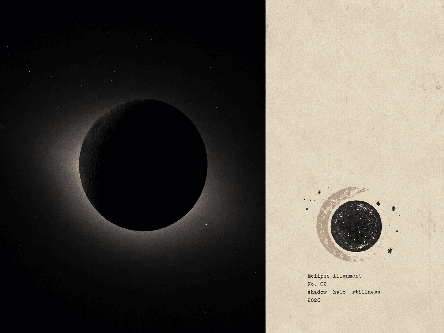 A dark eclipsed moon with a pale halo in a star field, paired with an archival-style card labeled Eclipse Alignment