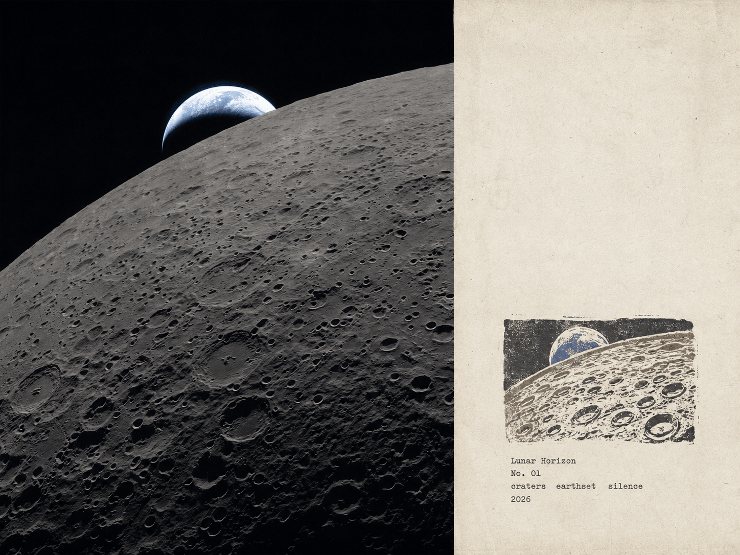 A cratered lunar horizon with Earth rising above it, paired with an archival-style card labeled Lunar Horizon