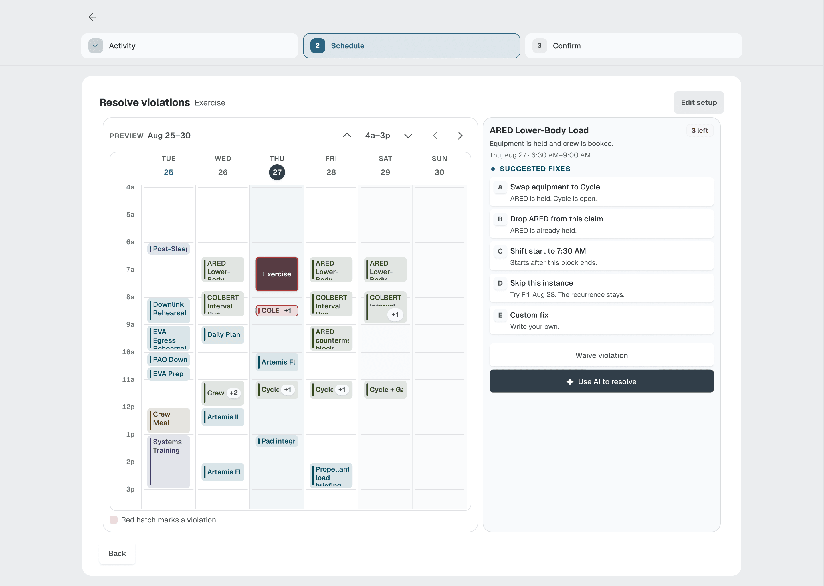 Orbit resolve-violations step with a hatched week preview beside lettered suggested fixes, Waive, and Use AI to resolve
