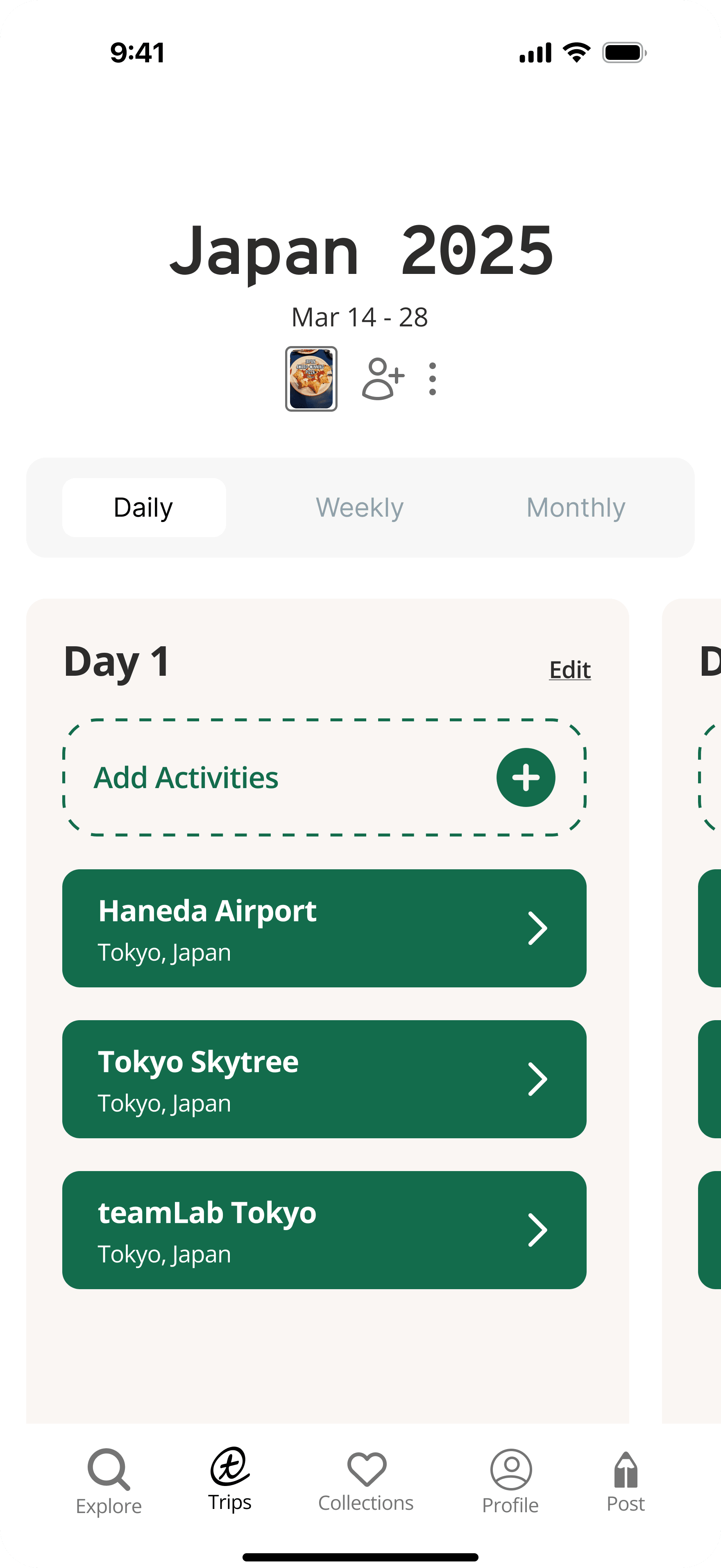 Redesigned trip home page with a visual daily view