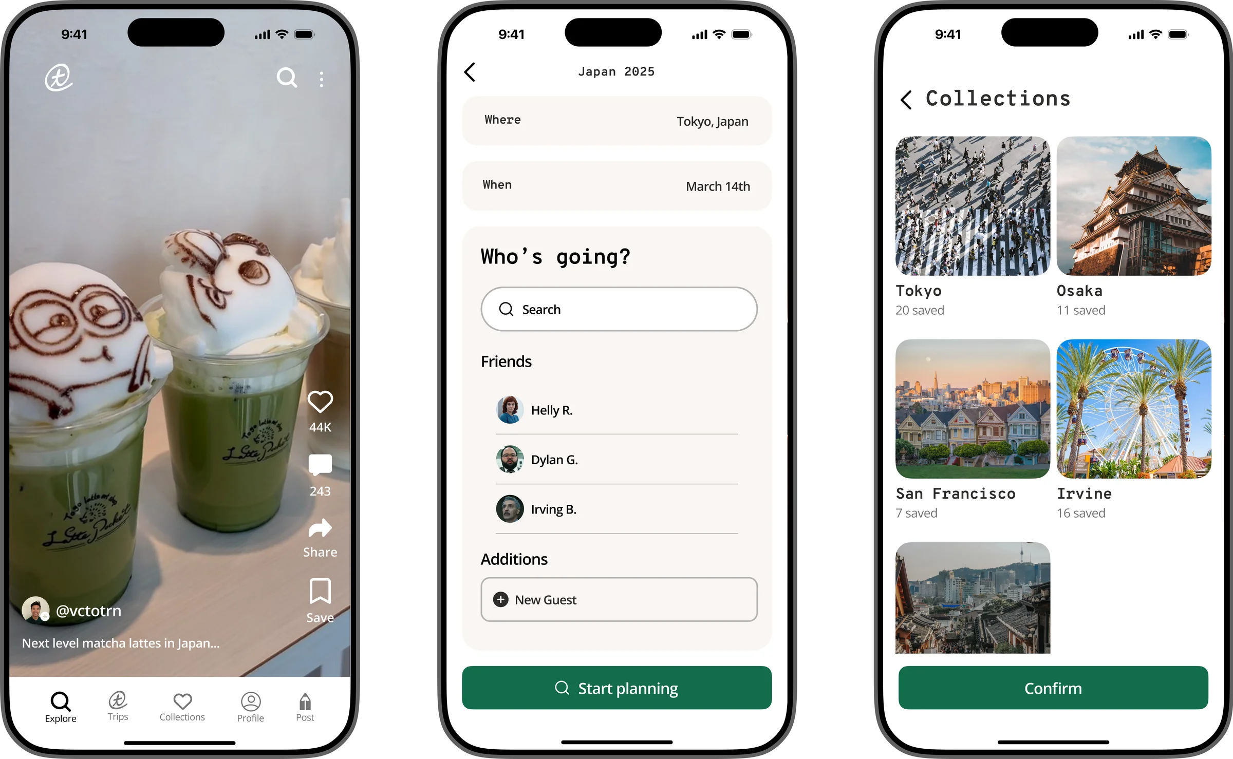 Trailmix final screens: the swipe feed, a saved collection, and a trip day view