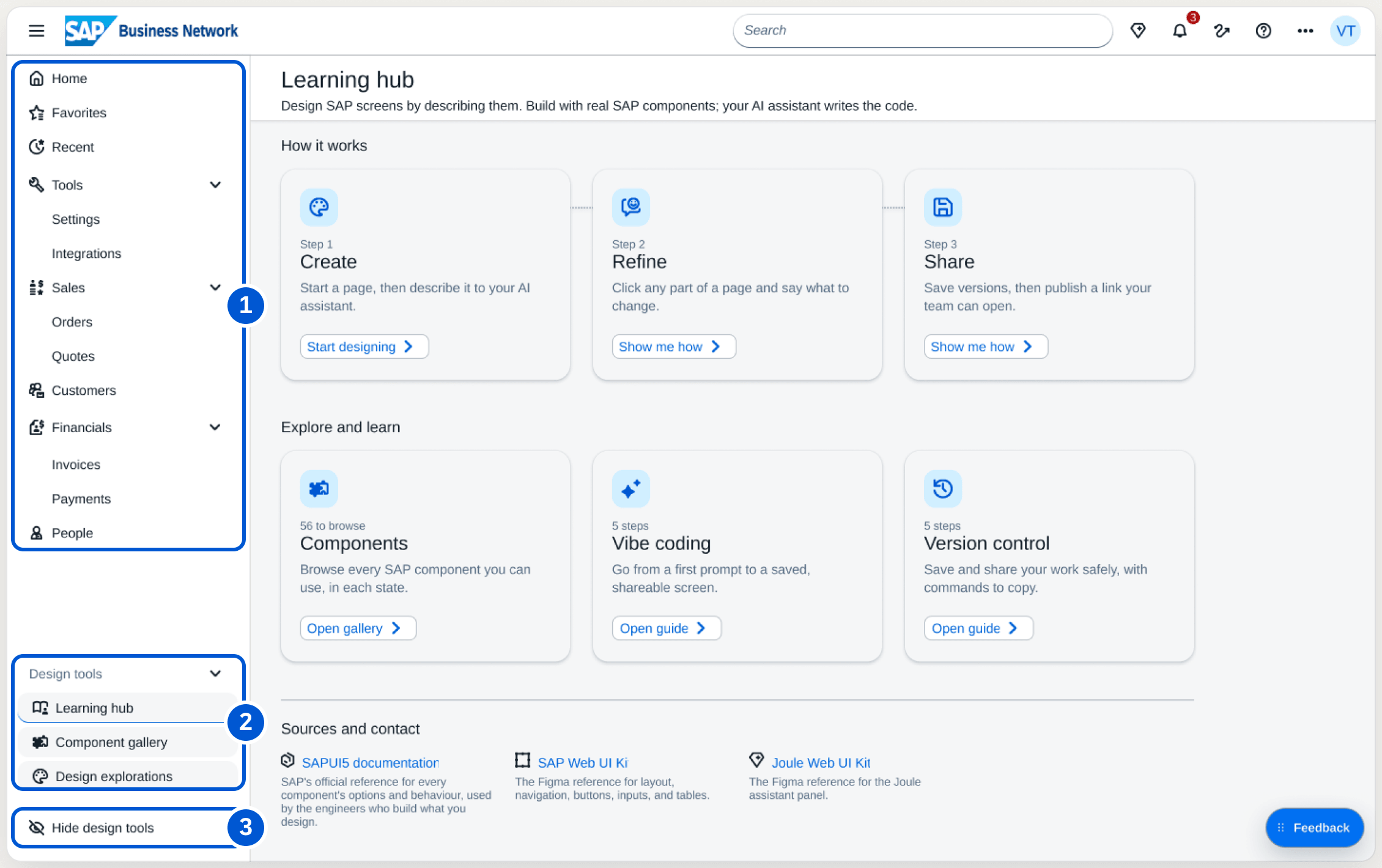 The Learning hub with three callouts: product navigation, design tools pinned to the sidebar footer, and the Hide design tools control