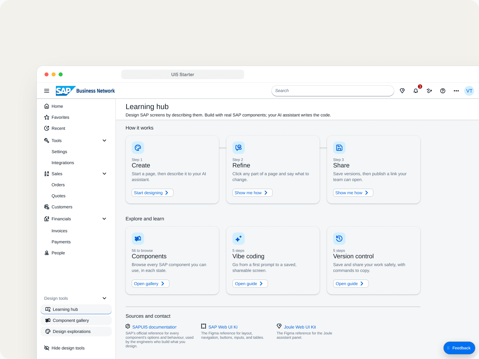 The UI5 Starter Learning hub in a browser window, inside a sample SAP Business Network shell with the design tools in the sidebar