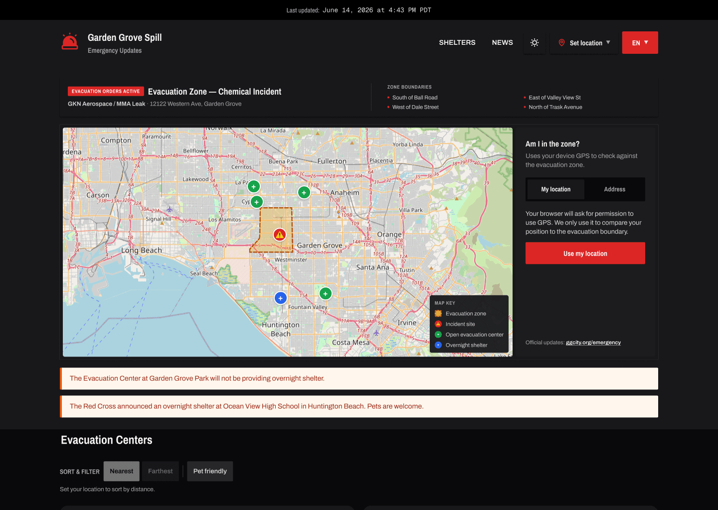 May 23 desktop: dark first pass with a zone map, evacuation centers, and a live feed