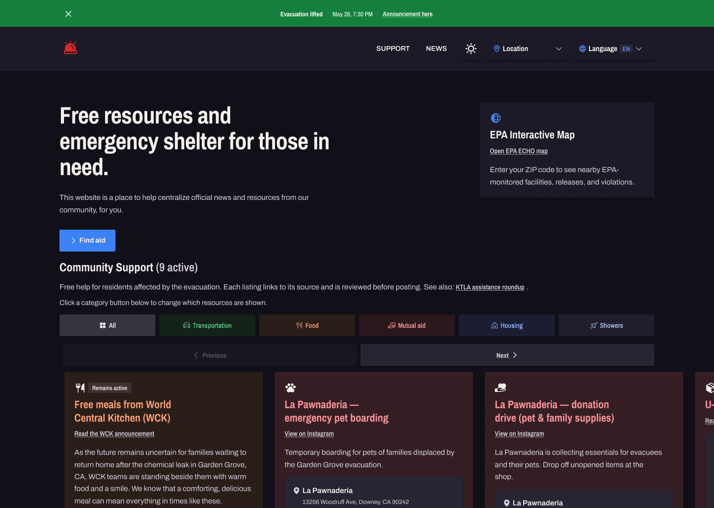 May 27 desktop: evacuation lifted, green status bar, zone map history