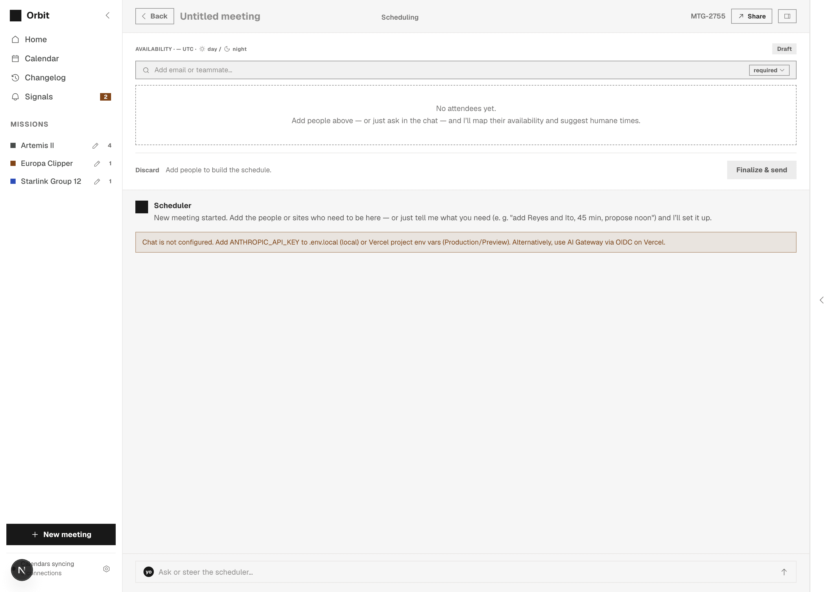 Round 1 compose: an untitled meeting in a scheduler chat, waiting for attendees