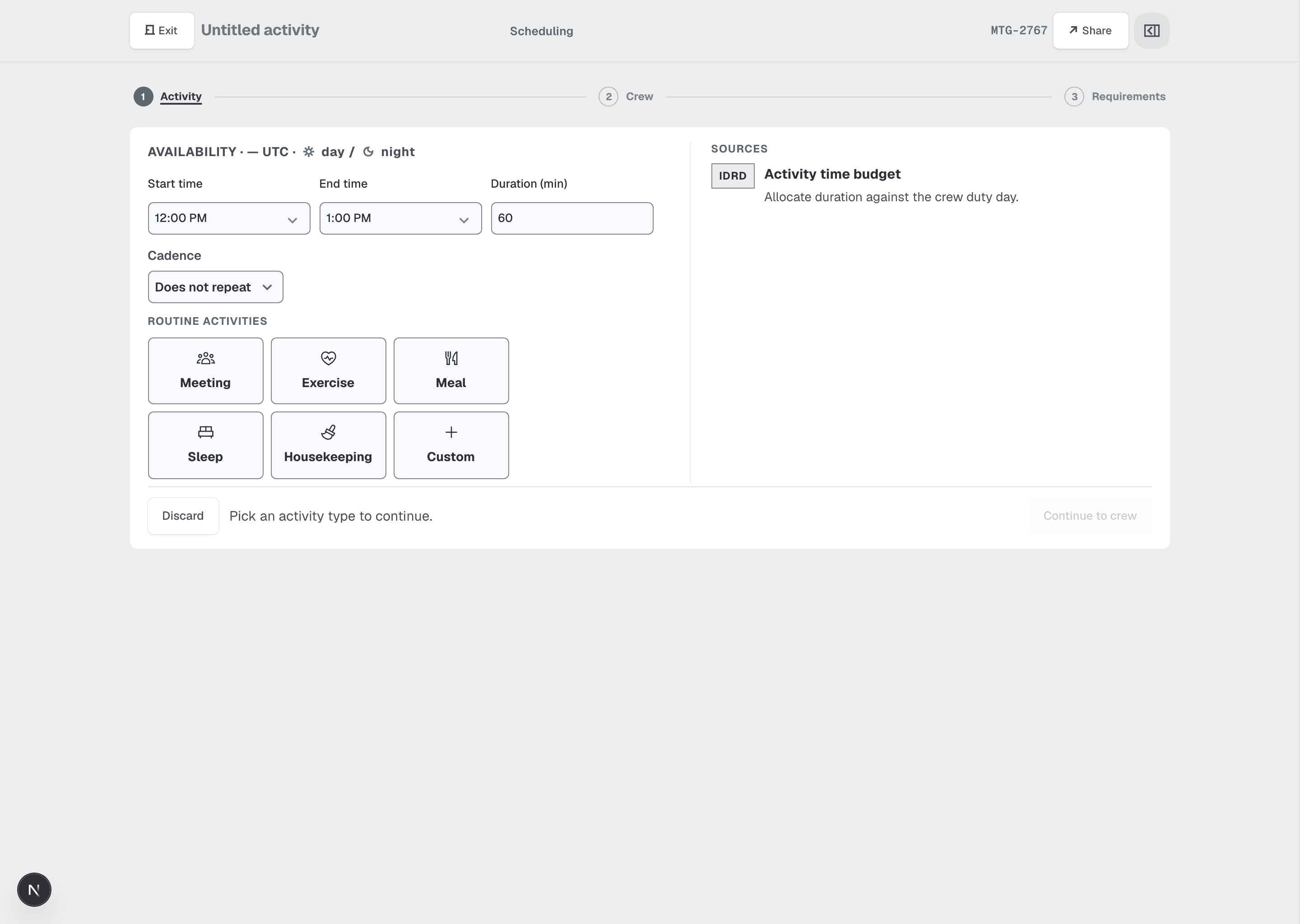 Round 3 compose: a three-step form with time, cadence, and a Sources panel citing the IDRD time budget