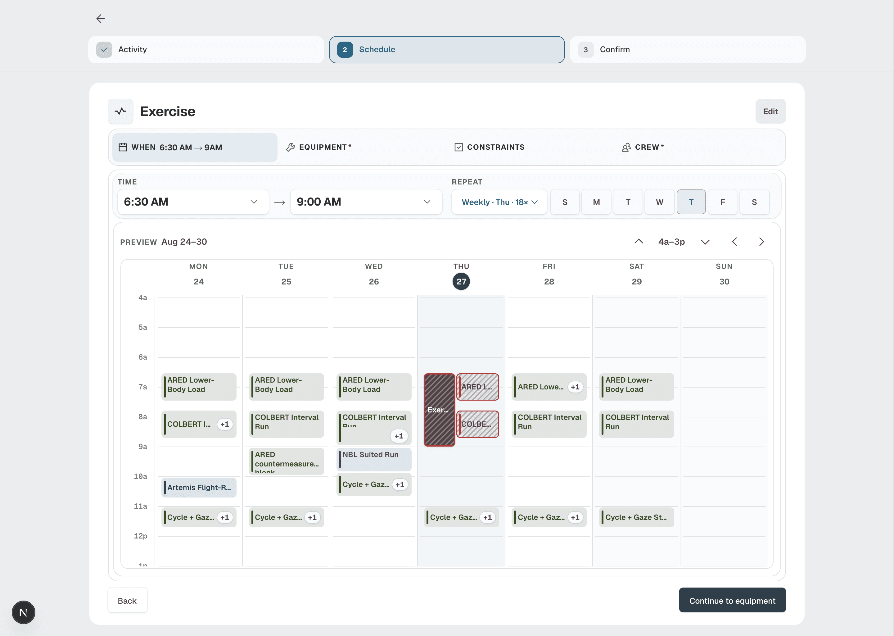 Round 4 compose: the Exercise activity with the When tab and a week preview hatching two conflicts
