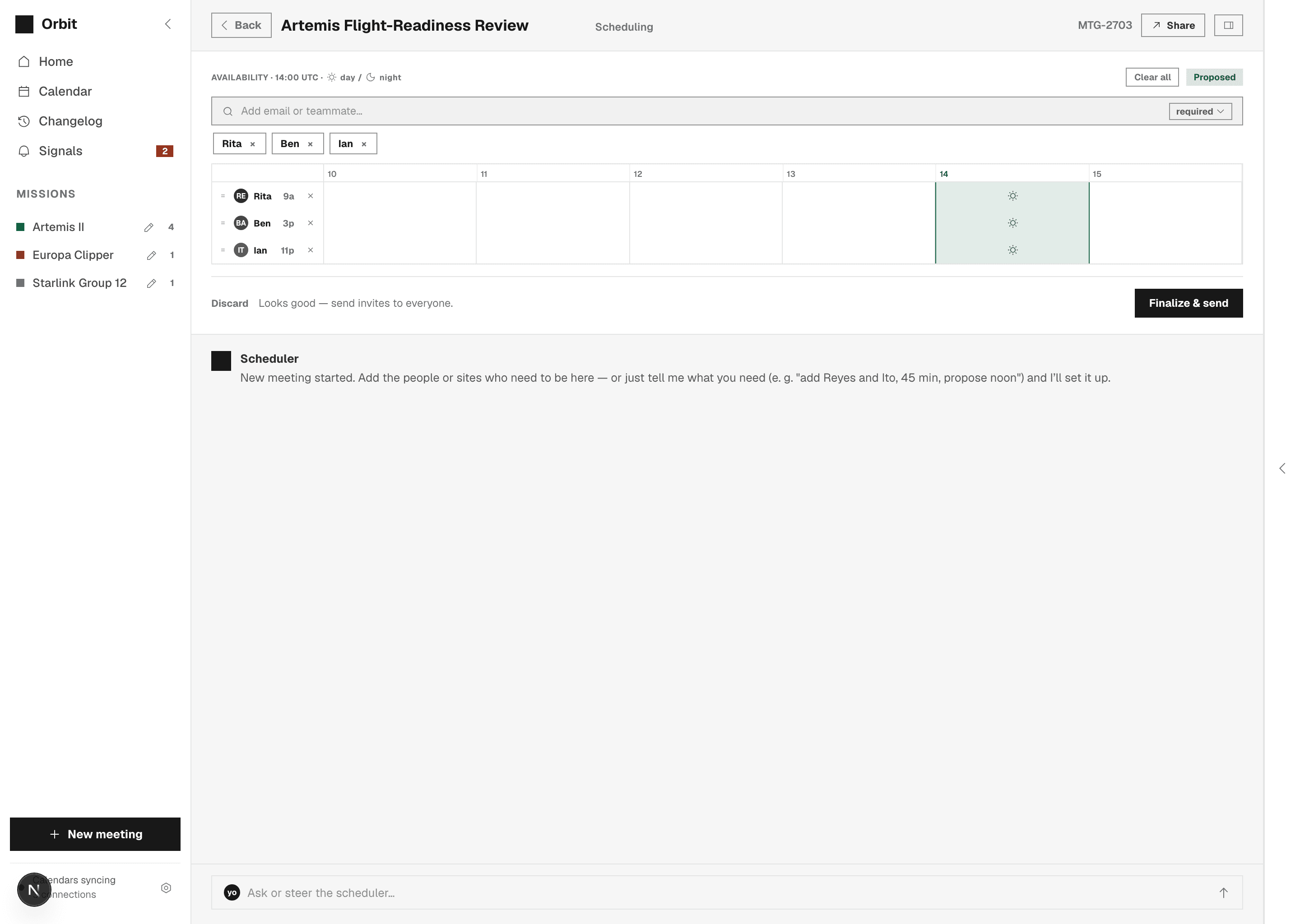 Round 1 AI: the scheduler chat proposing a 14:00 slot across three attendees' availability