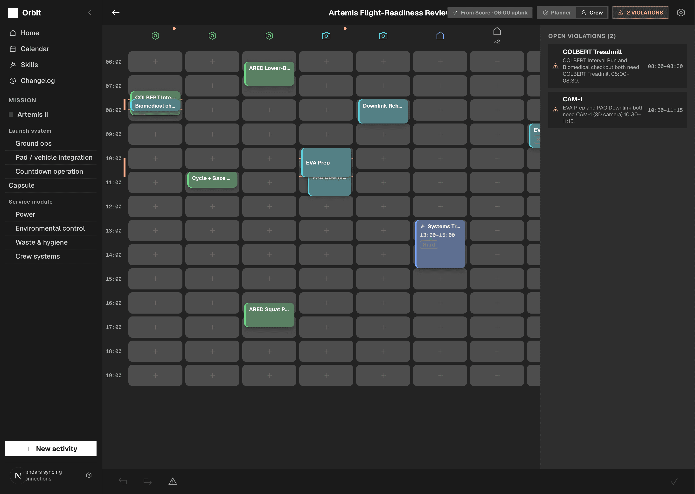 Round 2 AI: a dark week grid with an Open Violations rail listing two conflicts