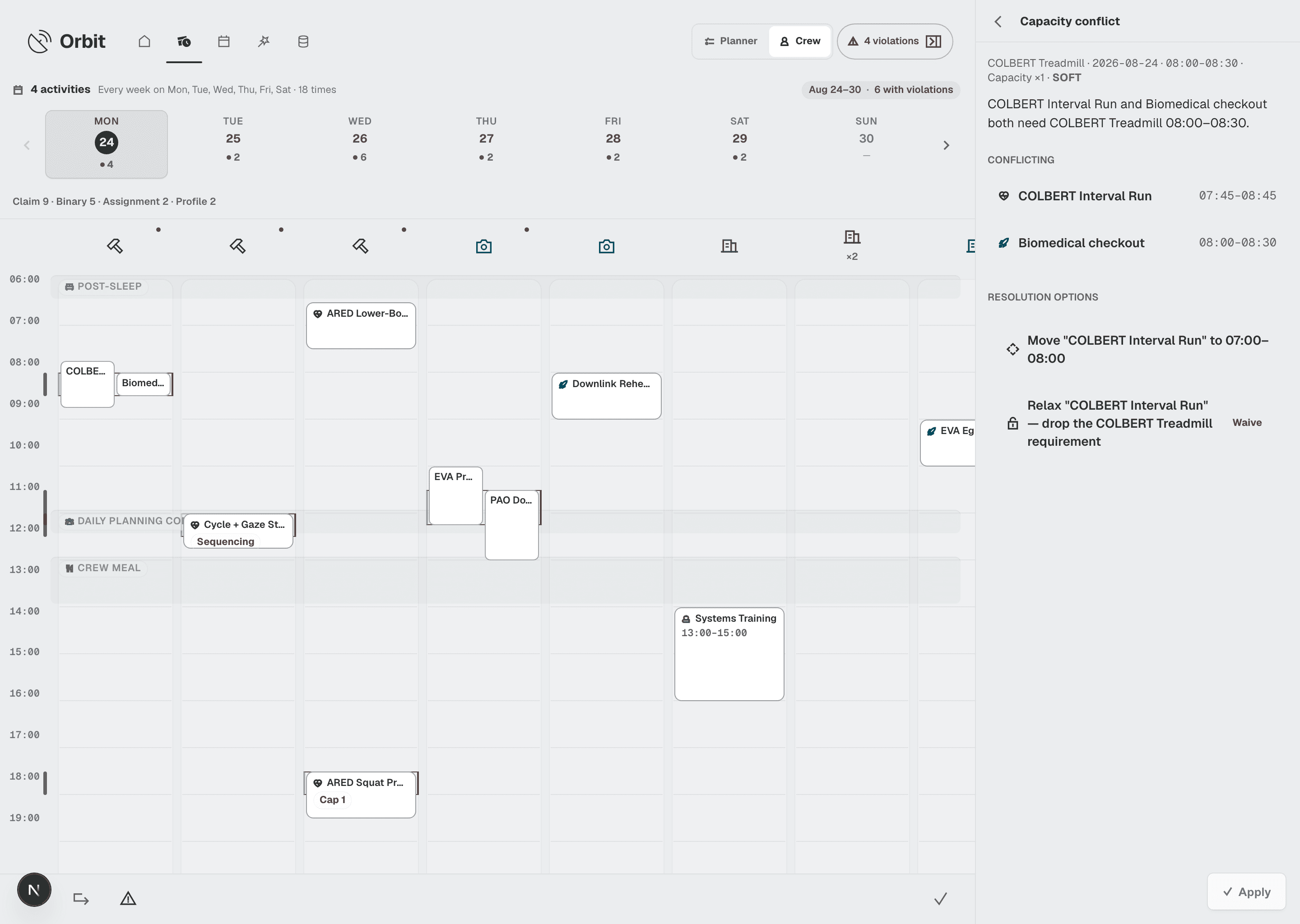 Round 3 AI: a light week grid with a Capacity conflict panel offering Move or Waive