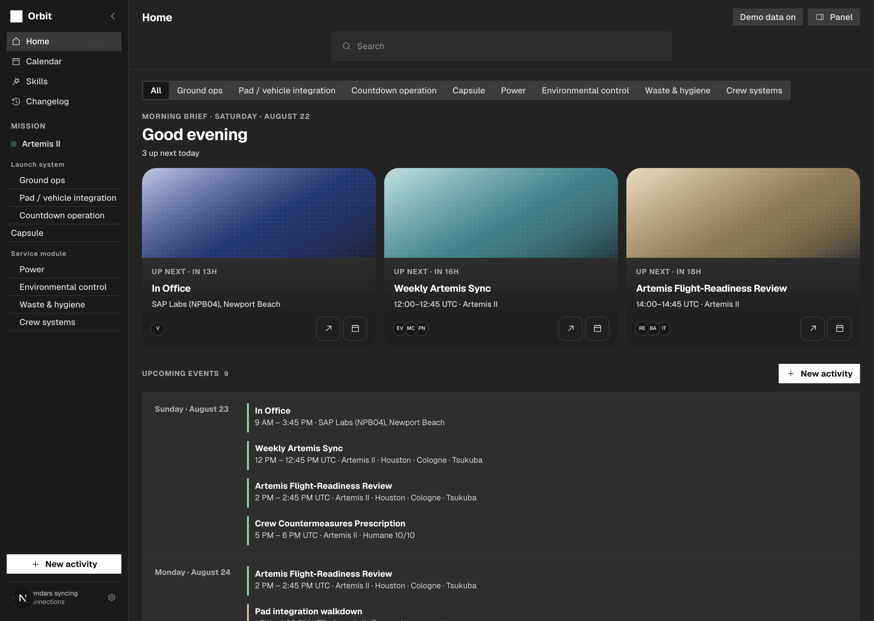 Round 2 home: dark theme with a morning brief and up-next cards