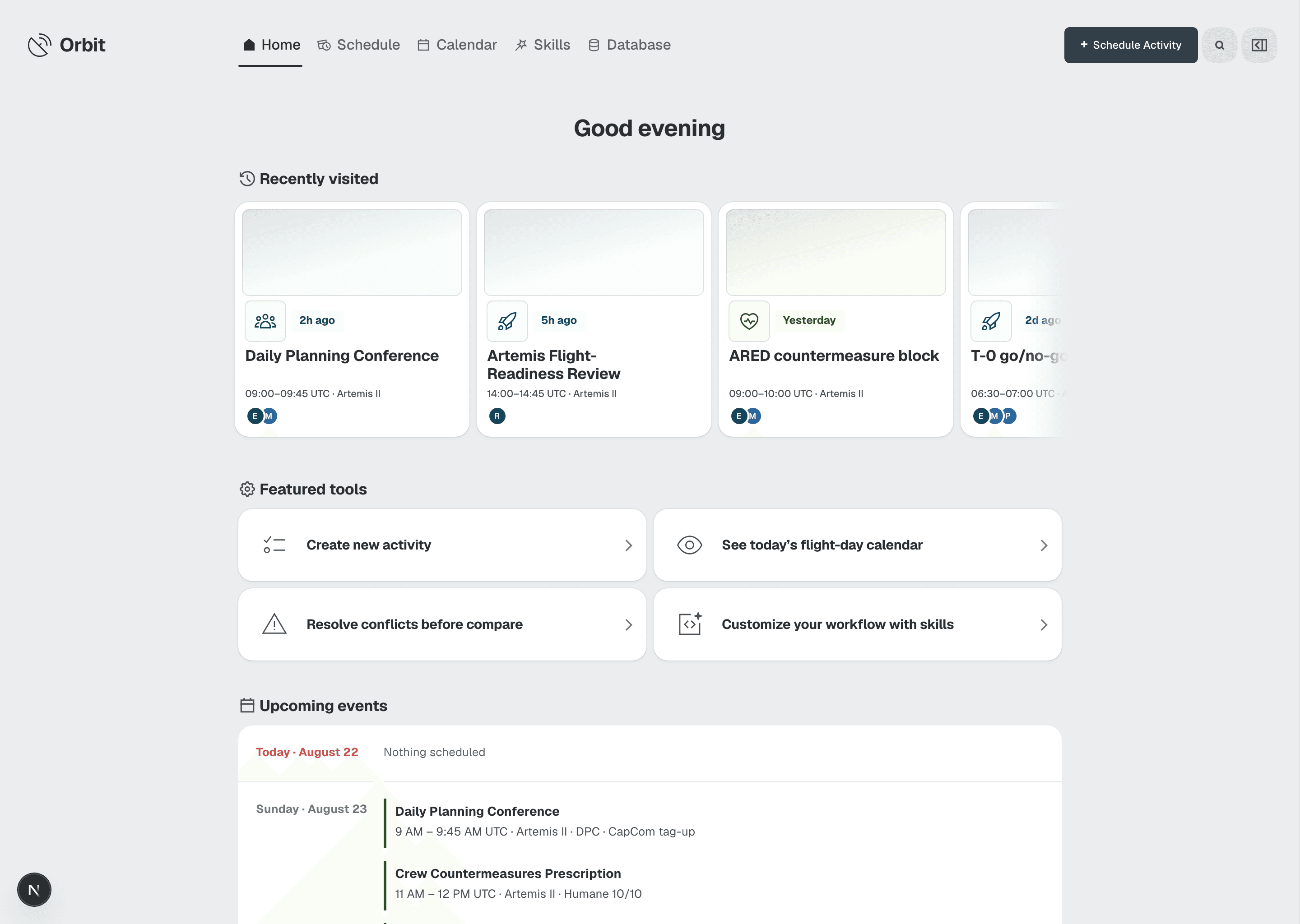 Round 3 home: light top nav with recently visited items and featured tools