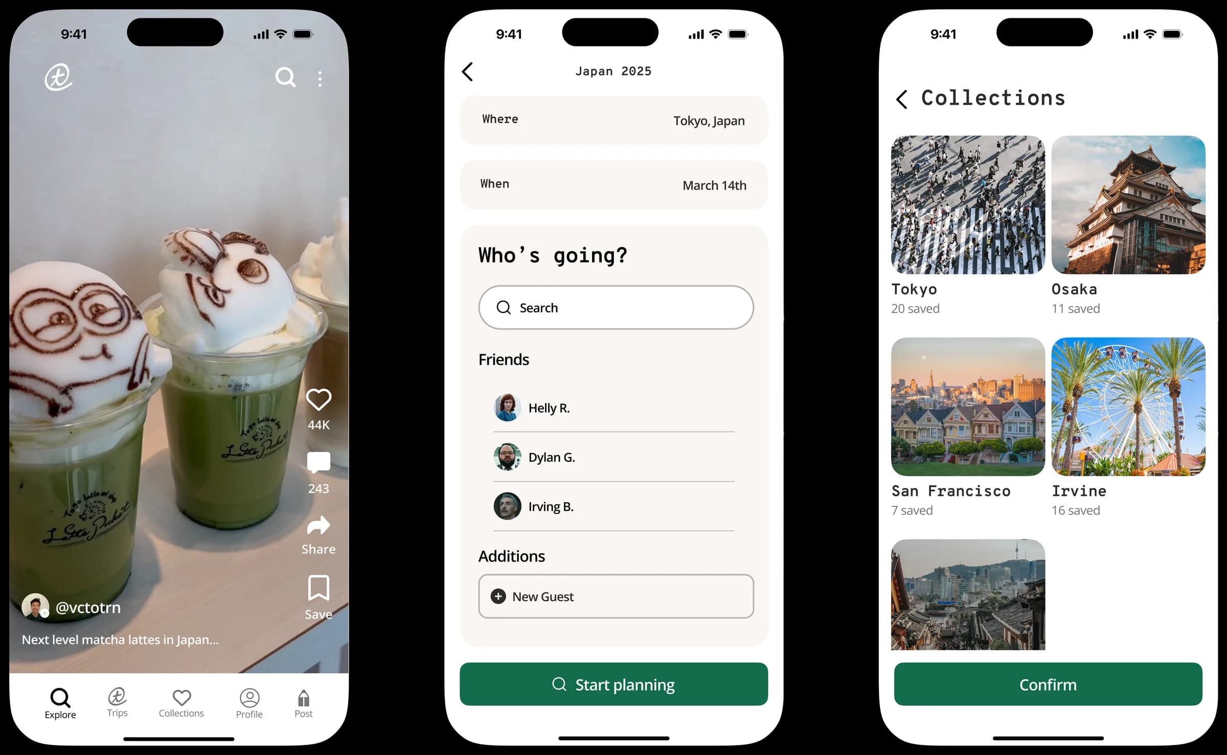 Trailmix travel planning app screens