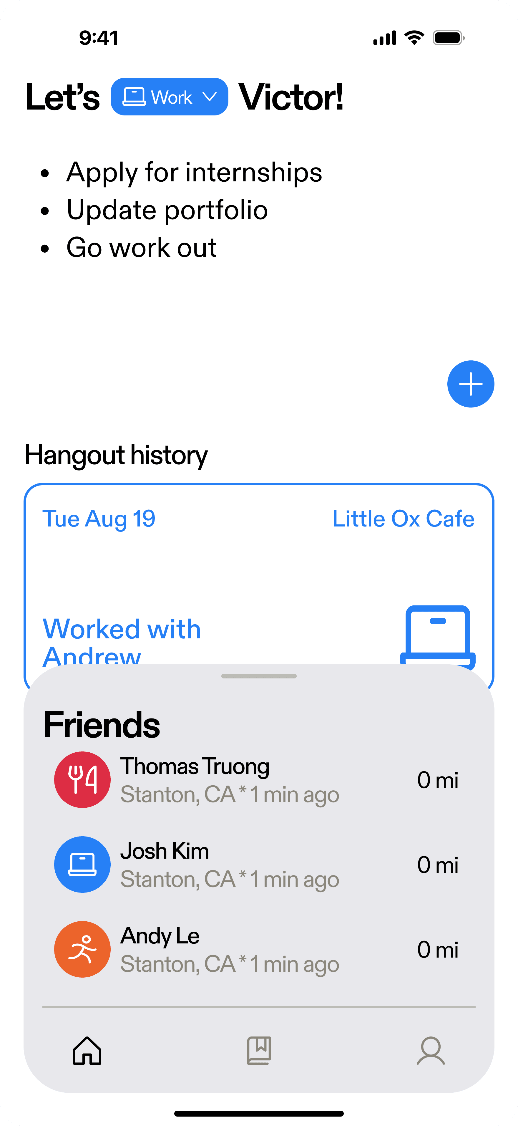 Round 1 home screen showing every plan and friend at once